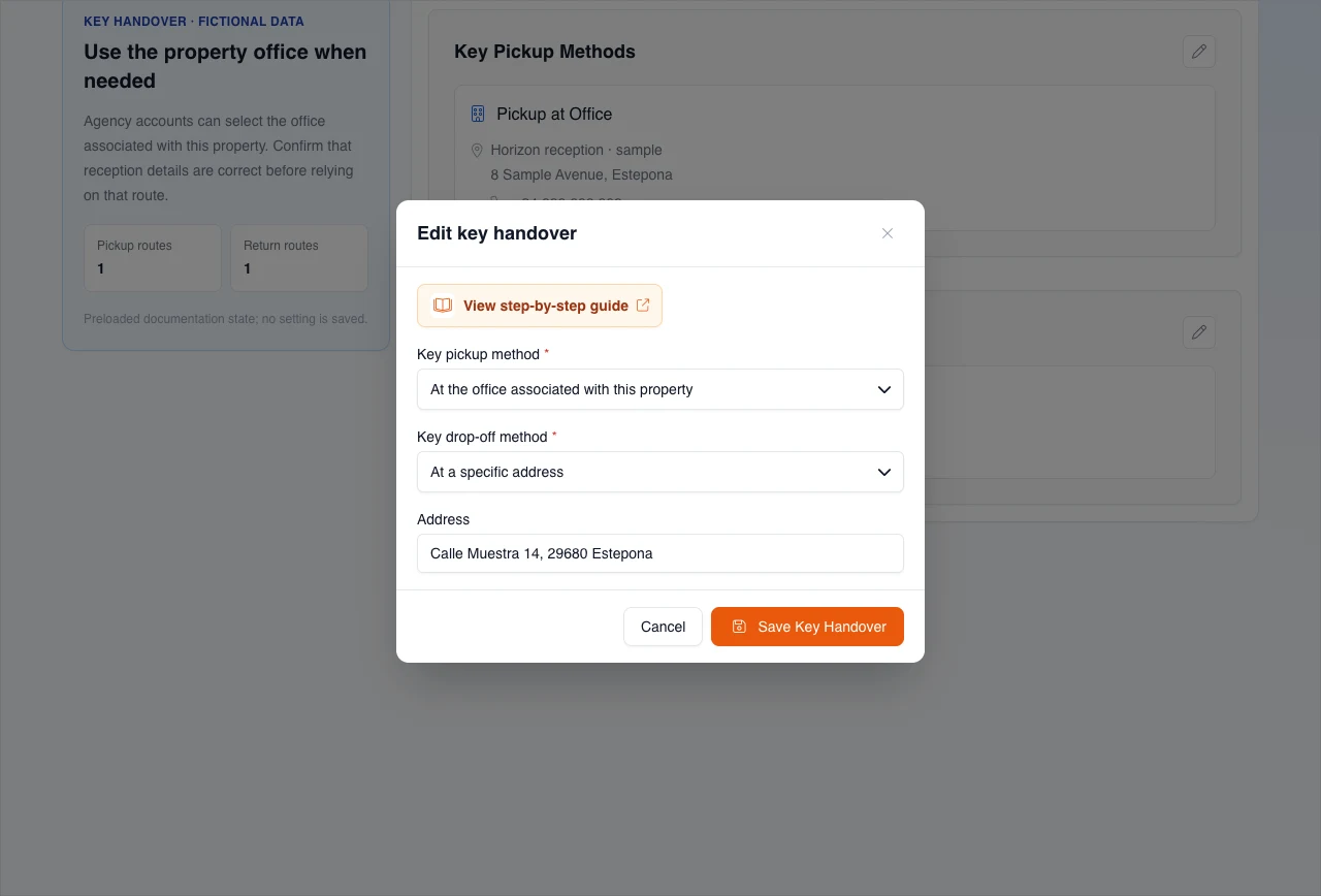 Real Agency-plan editor with the fictional associated office selected for pickup and a specific return address.