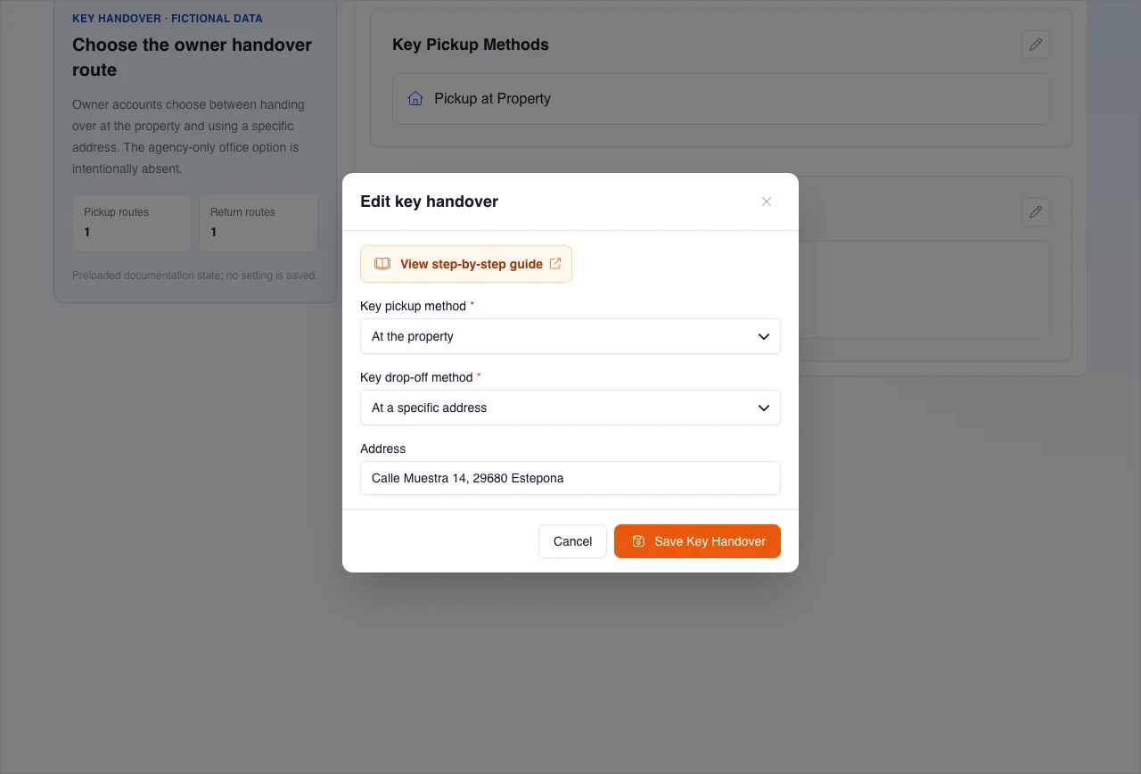 Real Owner-plan key-handover editor with property pickup, a fictional return address, and no Office option.