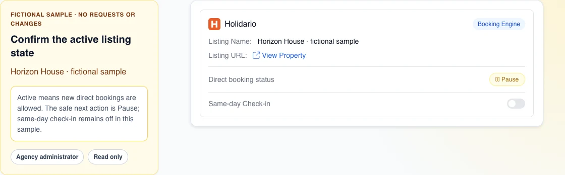 Real English Holidario card with fictional Horizon House, a preloaded active state, the Snooze action, and Same-day Check-in off.