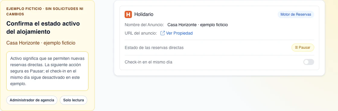 Tarjeta real Holidario en español con Casa Horizonte ficticia, estado activo precargado, acción Pausar y check-in en el mismo día desactivado.