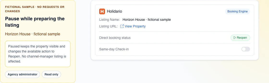 Real English Holidario card with fictional Horizon House, a preloaded paused state, the Reopen action, and Same-day Check-in off.