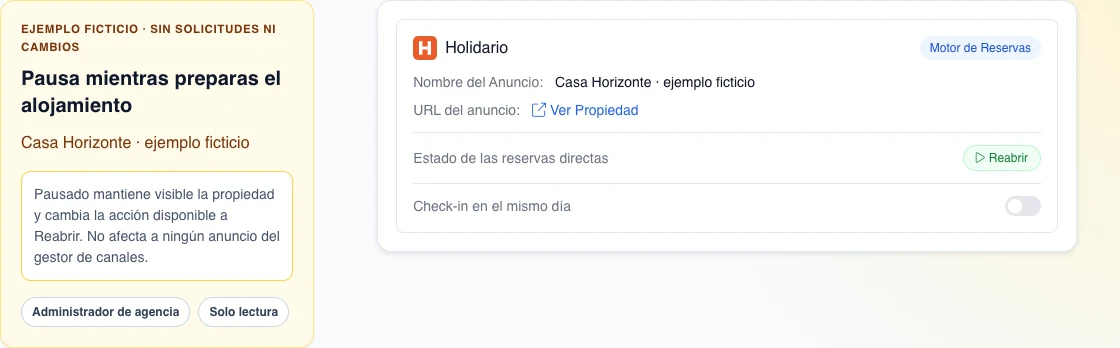 Tarjeta real Holidario en español con Casa Horizonte ficticia, estado pausado precargado, acción Reabrir y check-in en el mismo día desactivado.