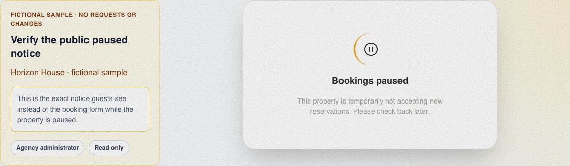 Real English public Bookings paused notice shown to the guest instead of the booking form for the fictional property.