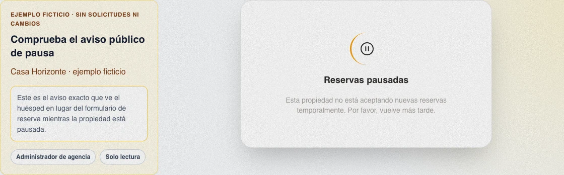 Aviso público real en español Reservas pausadas, mostrado al huésped en lugar del formulario de reserva para la propiedad ficticia.