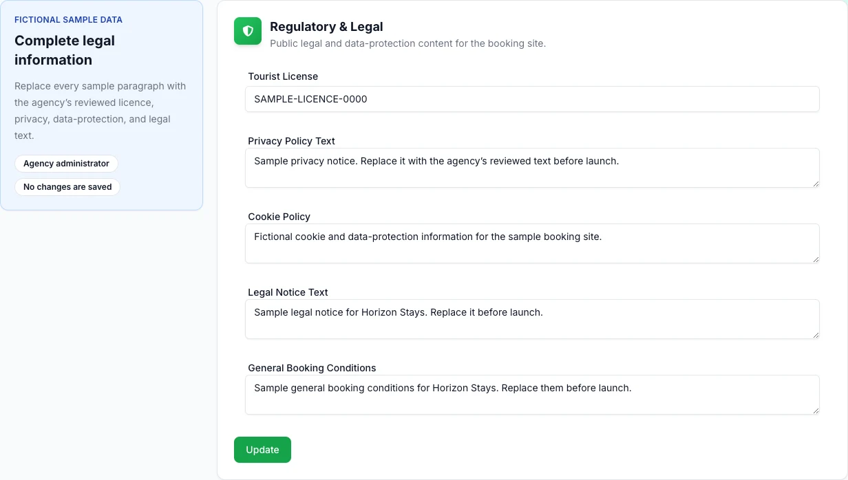 Real Regulatory and Legal form with fictional licence, privacy, cookie-policy, legal-notice, and general-booking-conditions text.