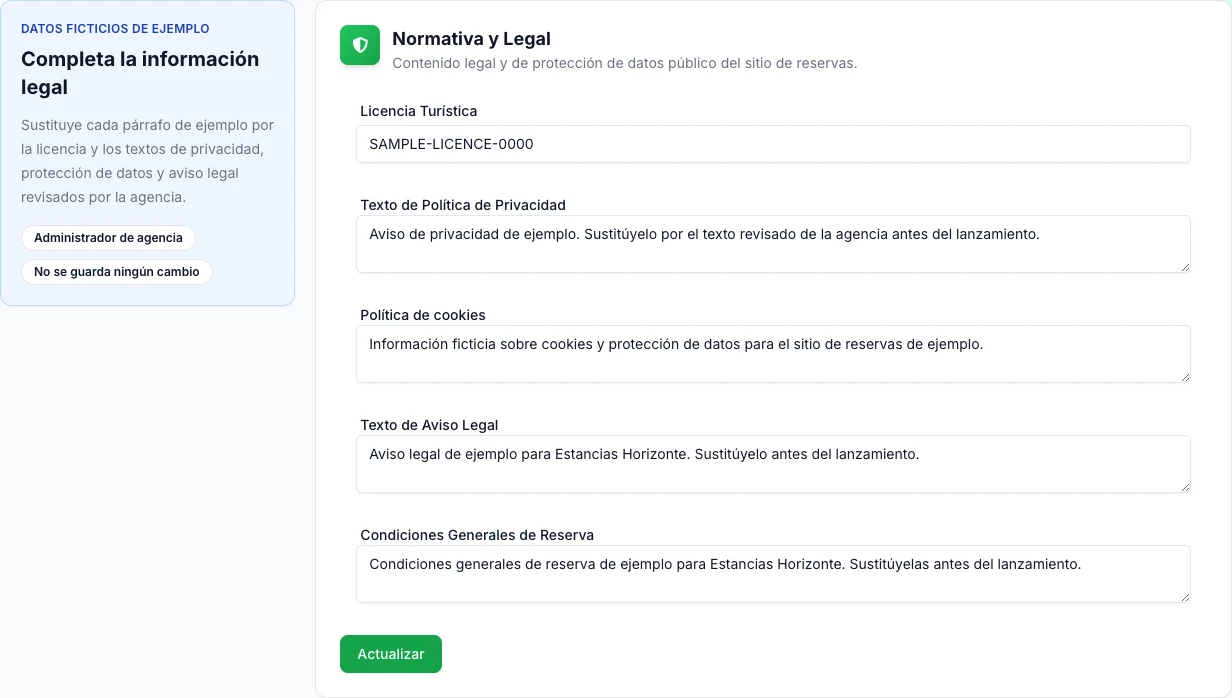 Formulario real de Normativa y Legal en español con licencia y textos ficticios de privacidad, cookies, aviso legal y condiciones generales de reserva.