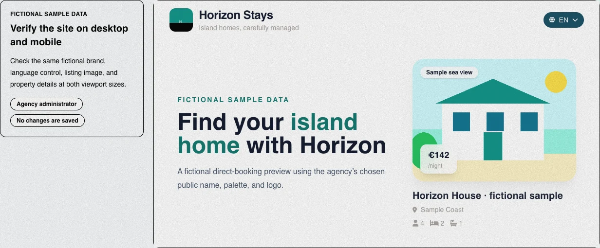 Real public preview for fictional Horizon Stays with header, hero copy, language control, and Horizon House listing card.