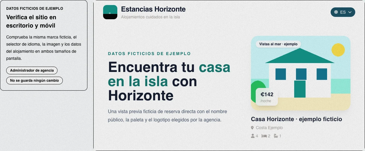 Vista pública real en español del sitio ficticio Estancias Horizonte, con cabecera, mensaje principal, selector de idioma y tarjeta de Casa Horizonte.