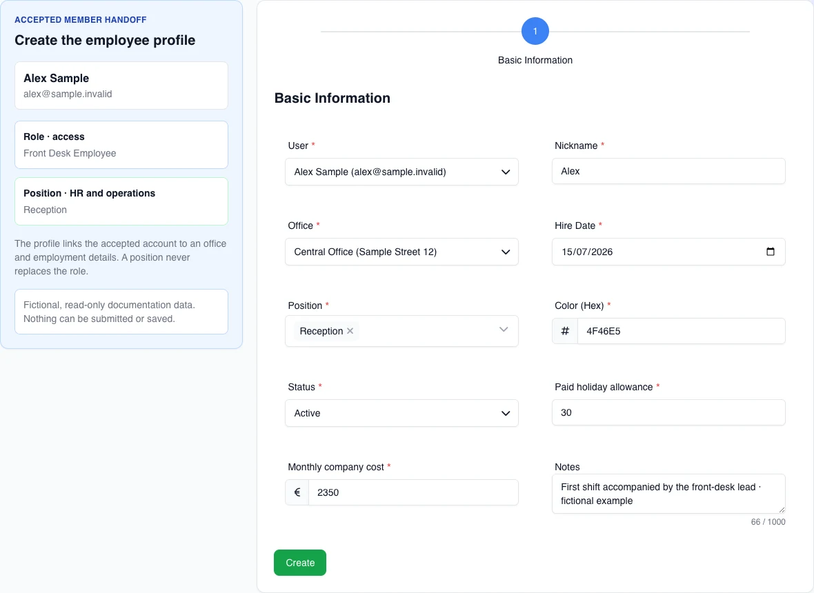 Real English multi-step form with a fictional front-desk profile and every field visible; Create is inert.