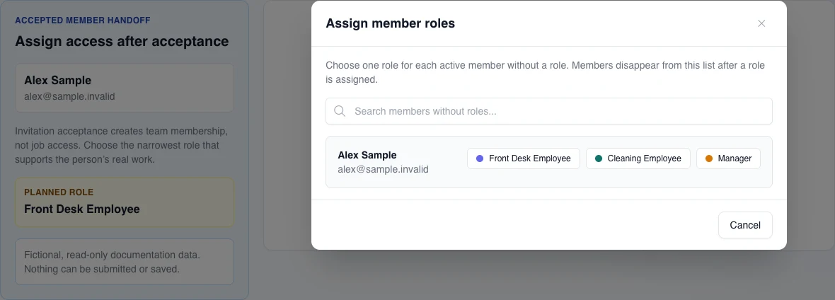 Real English Team modal for assigning a fictional member one of three minimum roles; no option is activated.