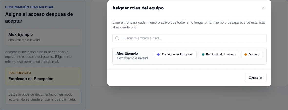 Modal real de Equipo para asignar a un miembro ficticio uno de tres roles mínimos: recepción, limpieza o gestión; ninguna opción se activa.