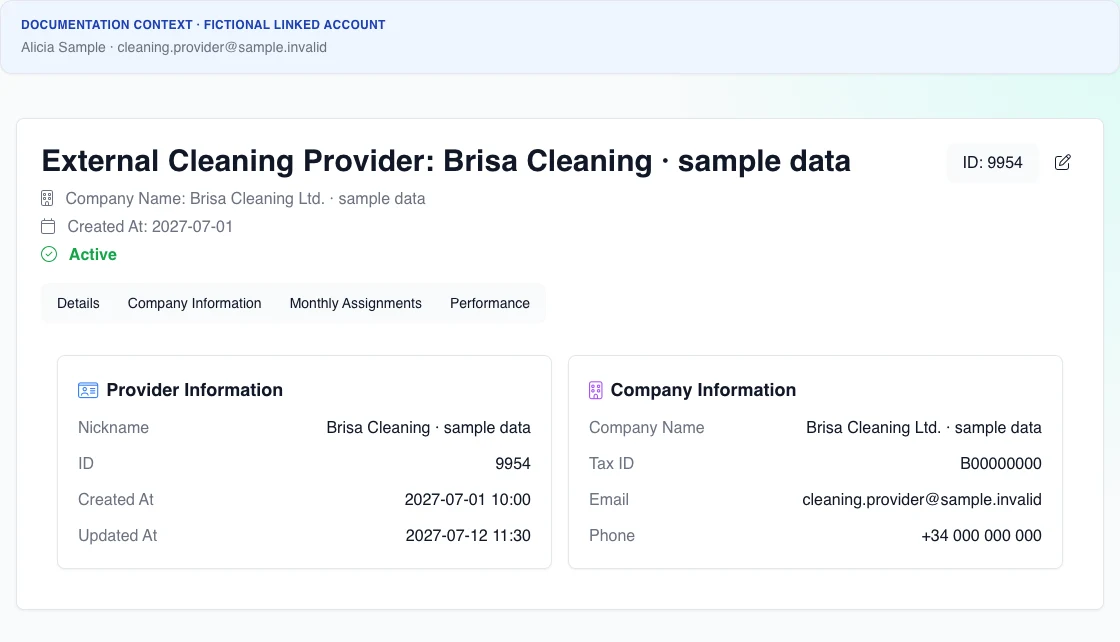 Real English detail for an active external provider and fictional company; the documentation banner identifies the account because the product panel does not yet do so.