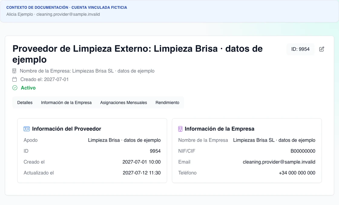 Detalle real de un proveedor externo activo y su empresa ficticia; la franja superior de documentación identifica la cuenta vinculada porque ese dato aún no aparece en el panel del producto.