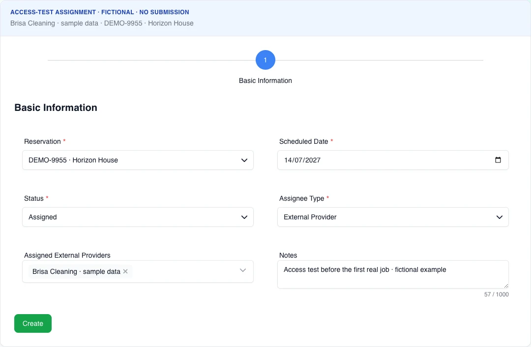 Real English form with a fictional reservation, External Provider selected, Brisa Cleaning assigned, and access-test notes; it cannot create the task.