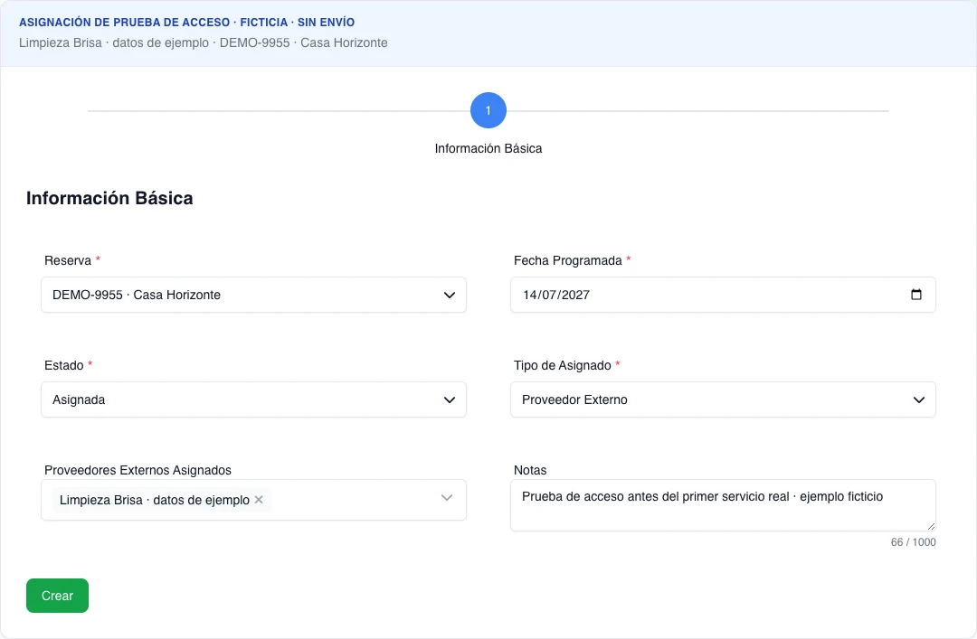 Formulario real con una reserva ficticia, Proveedor Externo seleccionado, Limpieza Brisa asignada y notas de prueba de acceso; no puede crear la tarea.