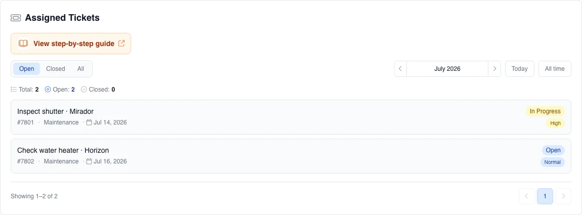 Real English Assigned Tickets panel for an external provider with two fictional assigned jobs, status/month filters, and no unrelated work.
