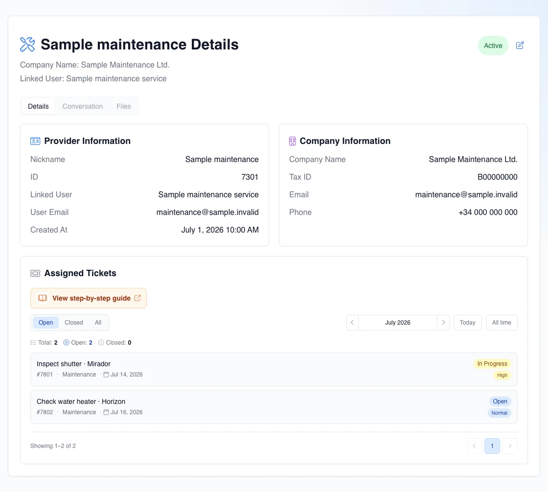 Real English detail for a fictional external maintenance provider with linked user and company, Active status, and two assigned tickets.