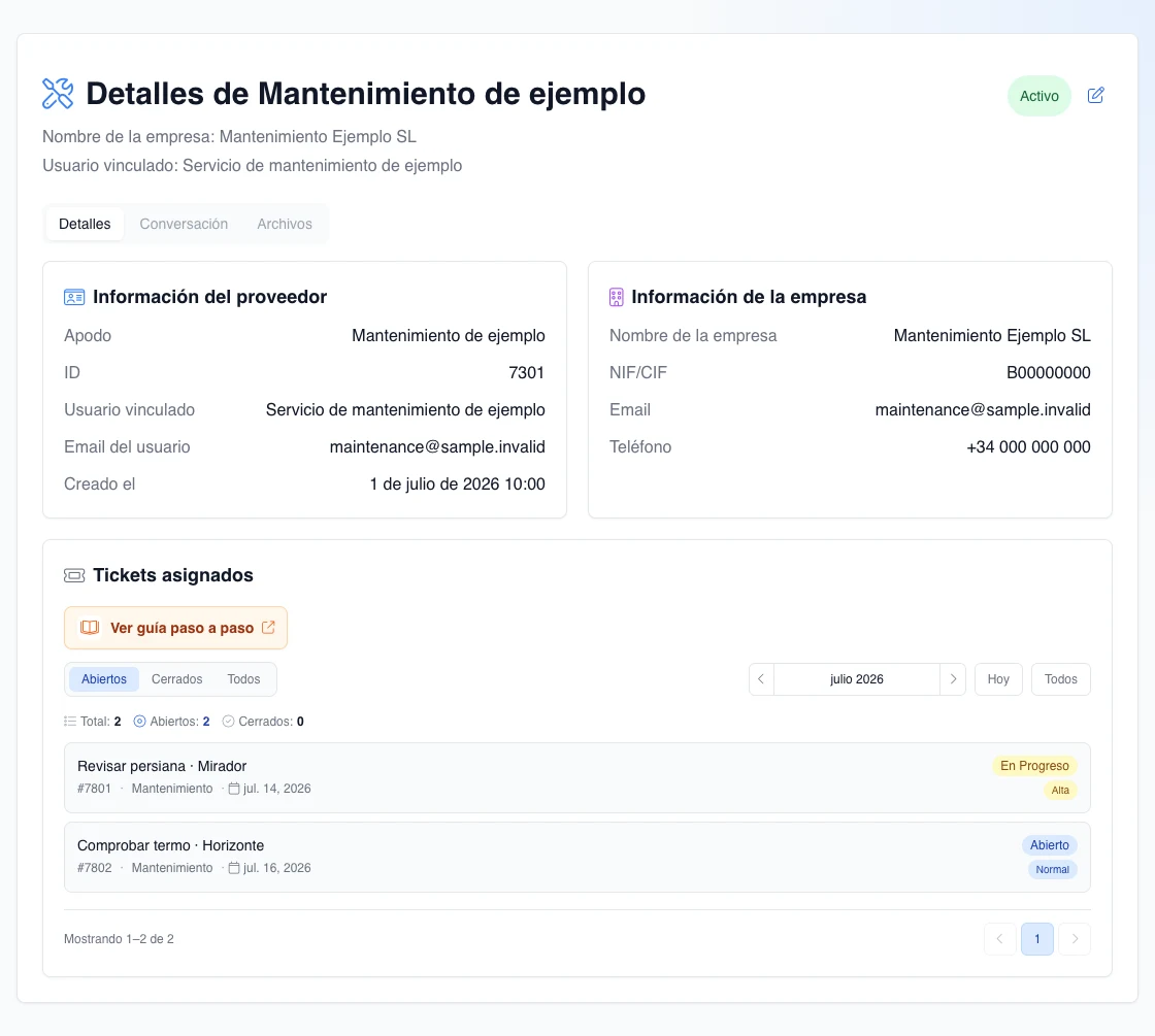 Detalle real de un proveedor externo de mantenimiento ficticio con usuario y empresa vinculados, estado Activo y dos tickets asignados; las acciones están deshabilitadas.