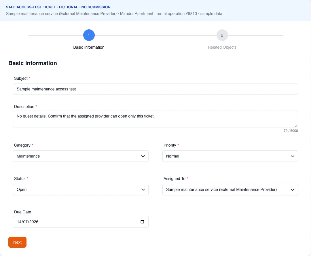 Real English first step of the ticket form with Maintenance, Open, and the fictional provider assigned; the header identifies the operation and it cannot submit.
