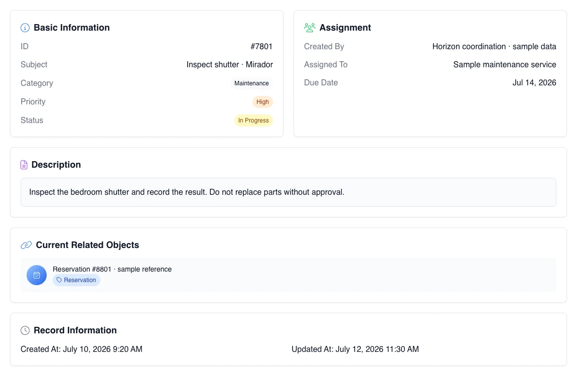 Real English detail for a fictional assigned maintenance ticket with priority, due date, description, and opaque Reservation #8801 reference without guest data.