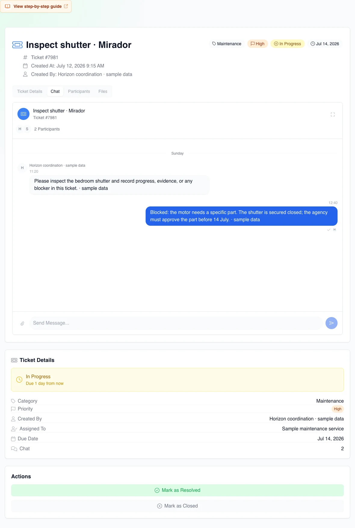 Real chat with a fictional blocker identifying the part, temporary measure, agency decision, and deadline without closing the ticket.