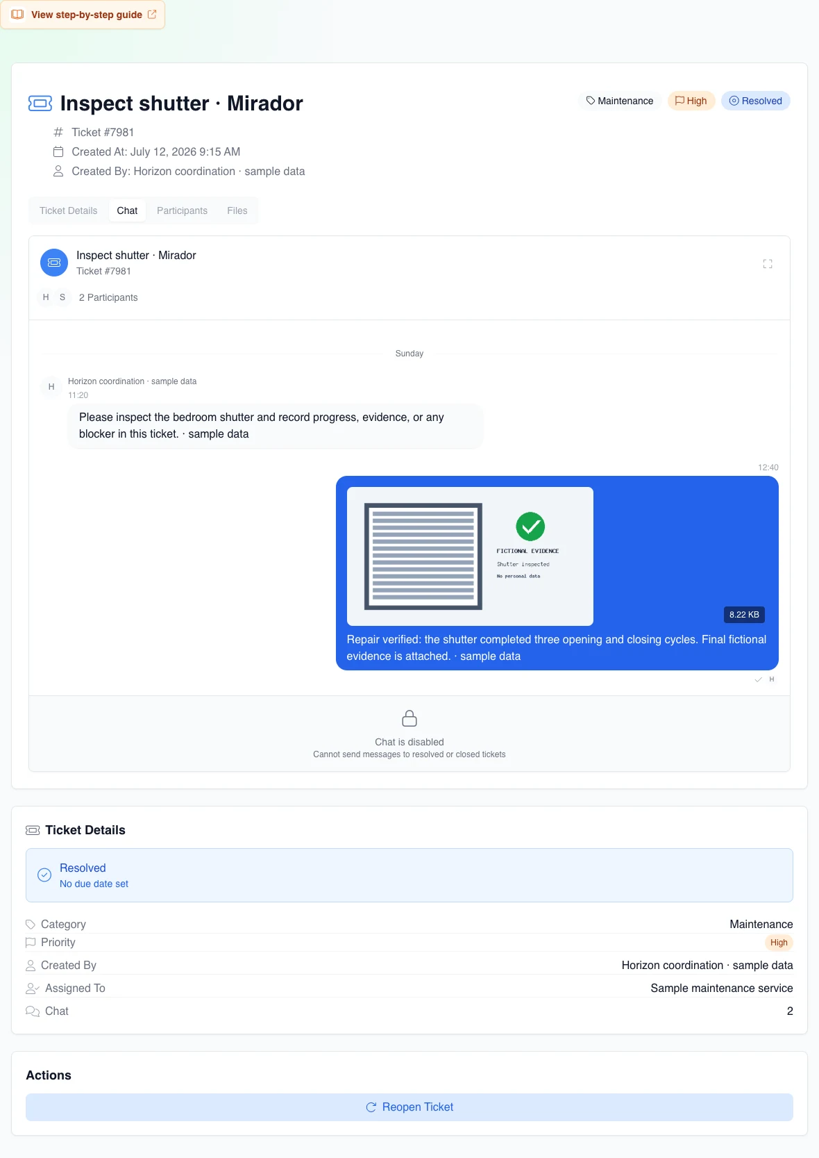 Real Resolved ticket with a fictional final message and evidence, disabled chat, and the visible but inert Reopen Ticket action.