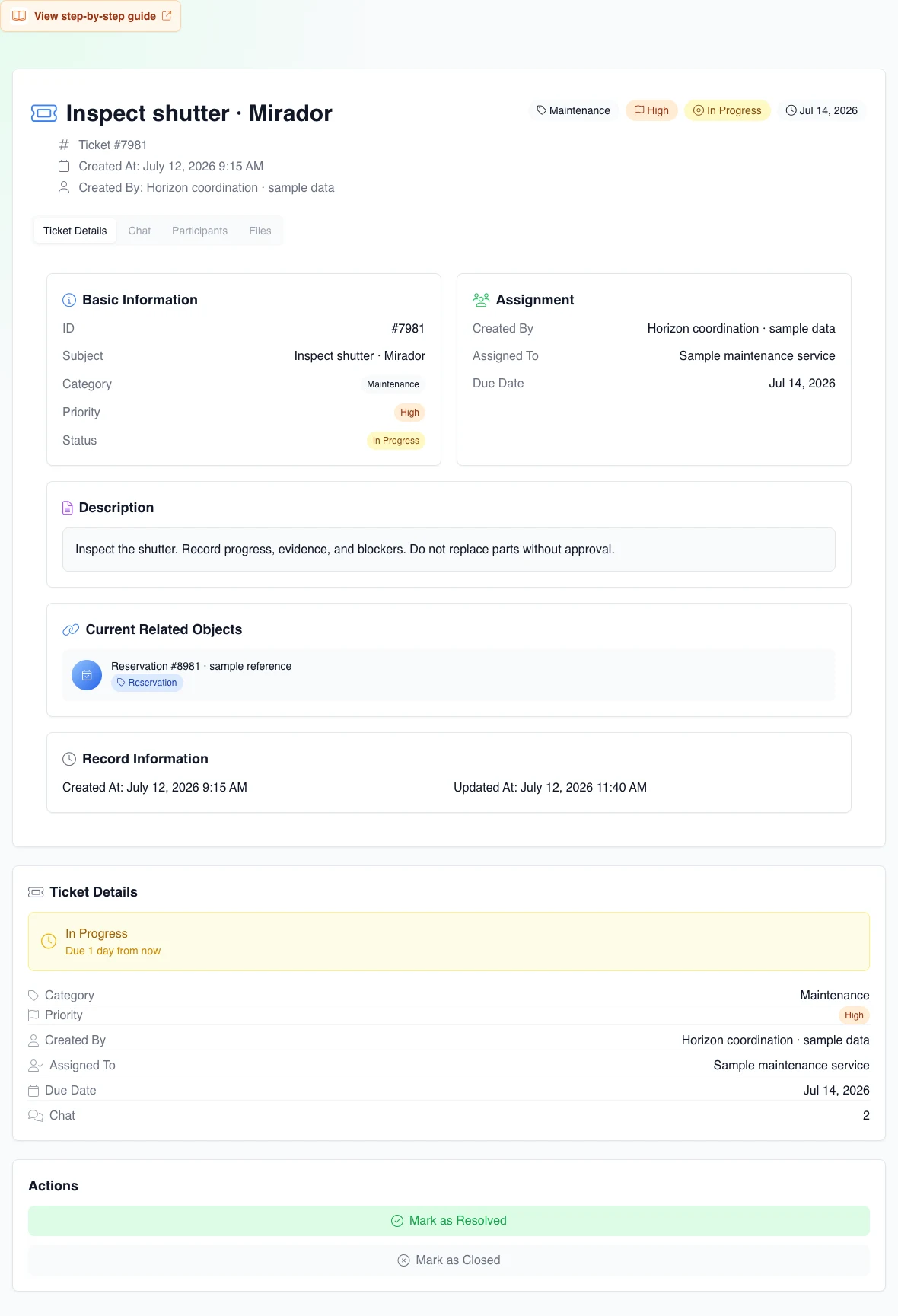 Real assigned-ticket Details view with In Progress status, priority, assignee, due date, and an opaque fictional reservation reference.