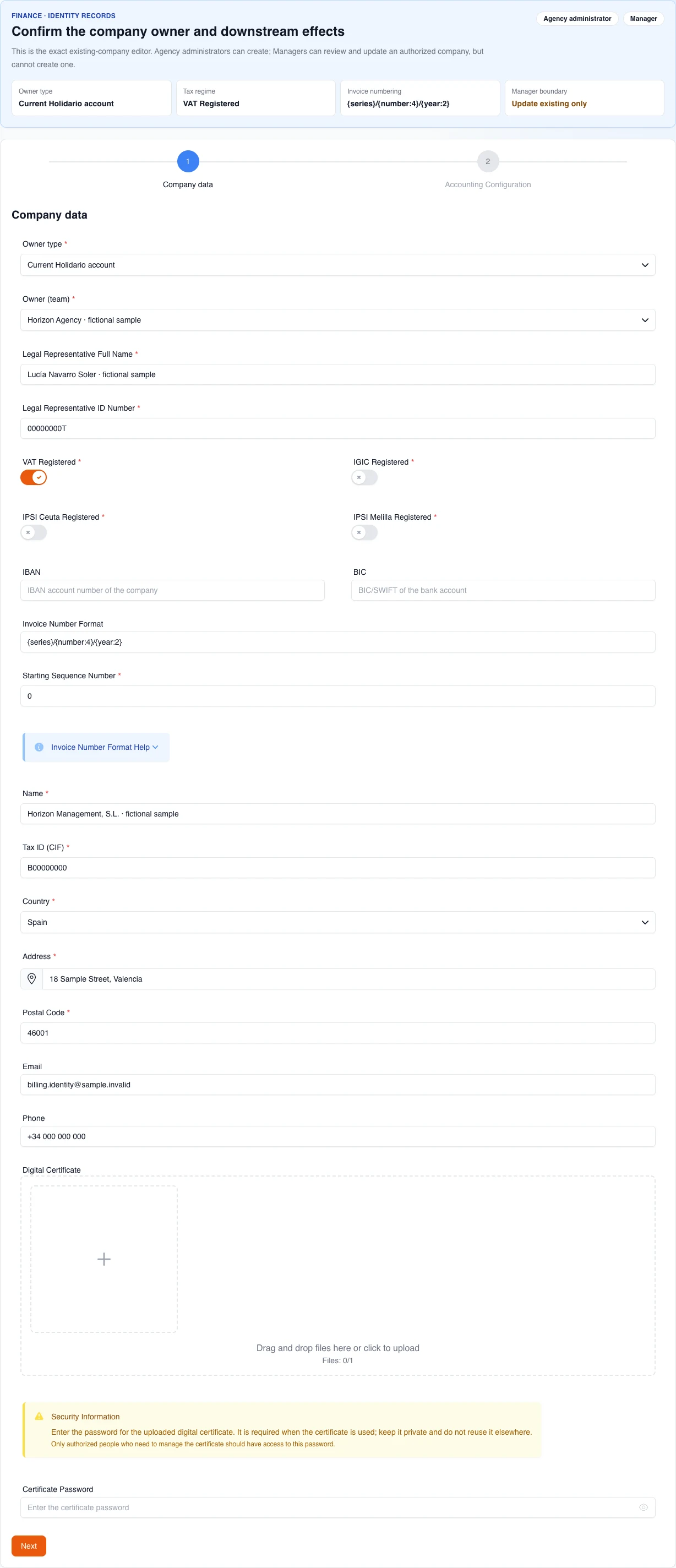 Real English desktop existing-company editor, with the fictional agency as owner, VAT enabled, and invoice format visible; a Manager can update it but cannot create another company.