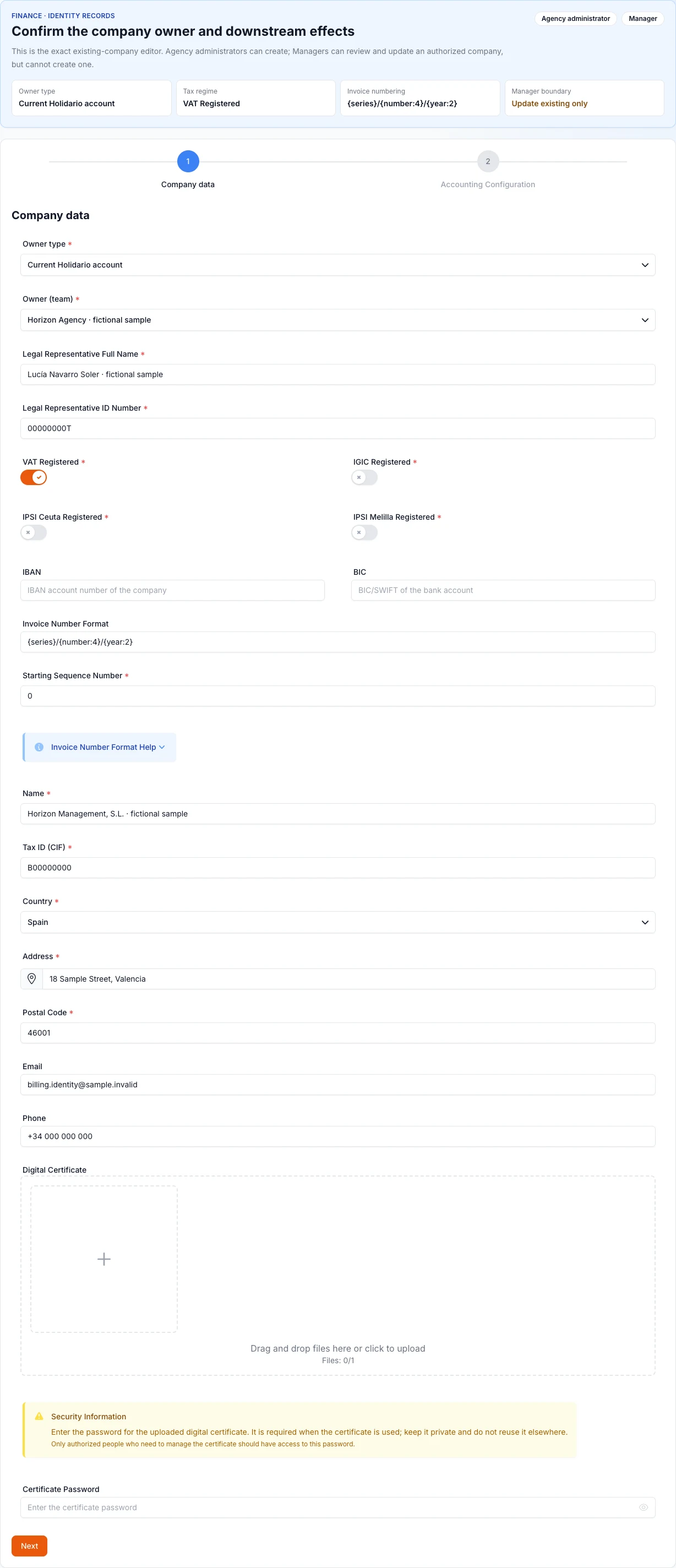Real English desktop existing-company editor, with the fictional agency as owner, VAT enabled, and invoice format visible; a Manager can update it but cannot create another company.