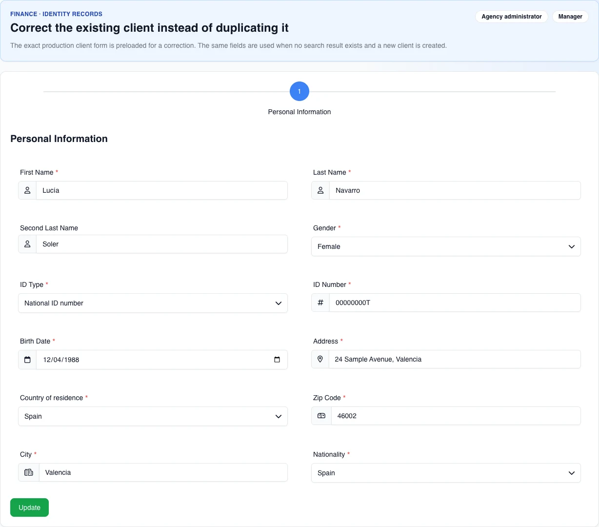Real English desktop client form, opened to correct fictional Lucía Navarro Soler identity and address details; the person is unsaved and the Update action is disabled.