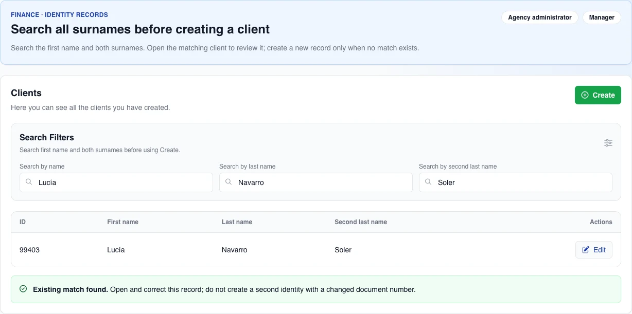Bounded English desktop reconstruction of the current Clients filters and columns, with the fictional Lucía Navarro Soler search and one match; the live list is not loaded.