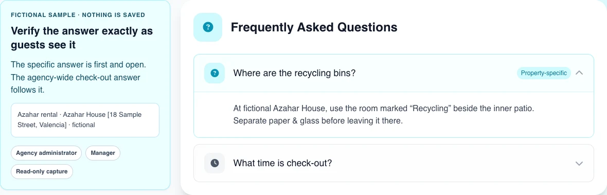 Real English guest-area accordion with one fictional property-specific question open and one general question below; it uses no real links or data.