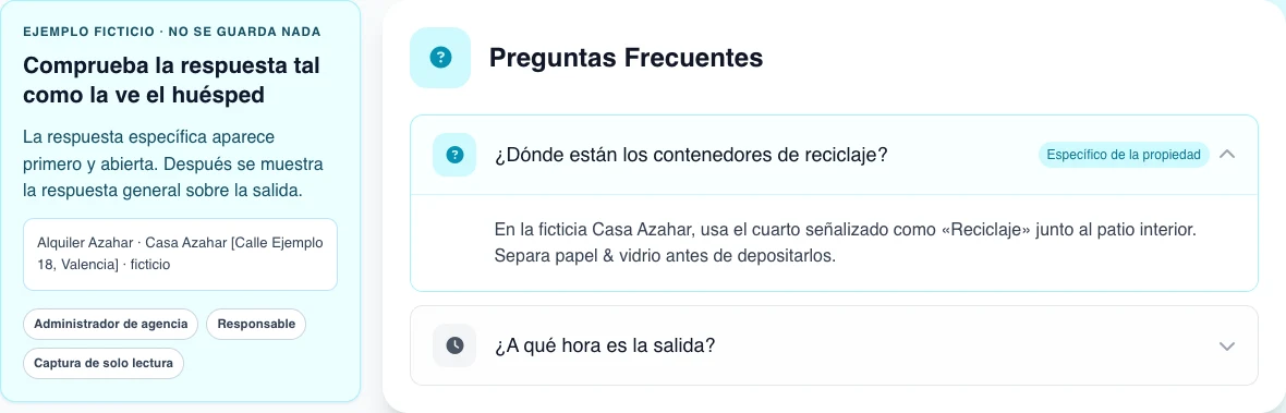 Acordeón real del área del huésped en español con una pregunta ficticia específica de la propiedad abierta y una pregunta general debajo; ningún enlace de reserva real se utiliza.