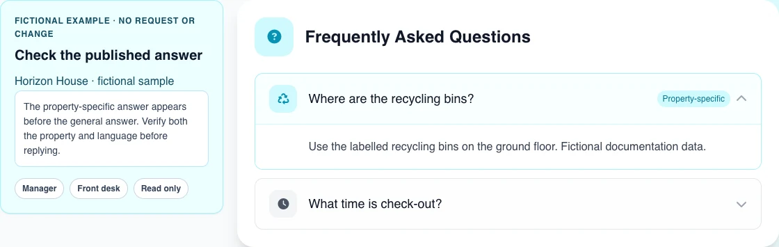 Real English Frequently Asked Questions accordion with the fictional property-specific answer open before the general question.