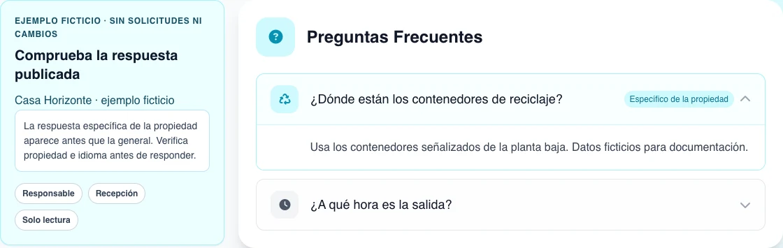 Acordeón real de Preguntas Frecuentes en español con la respuesta ficticia específica de la propiedad abierta antes de la pregunta general.