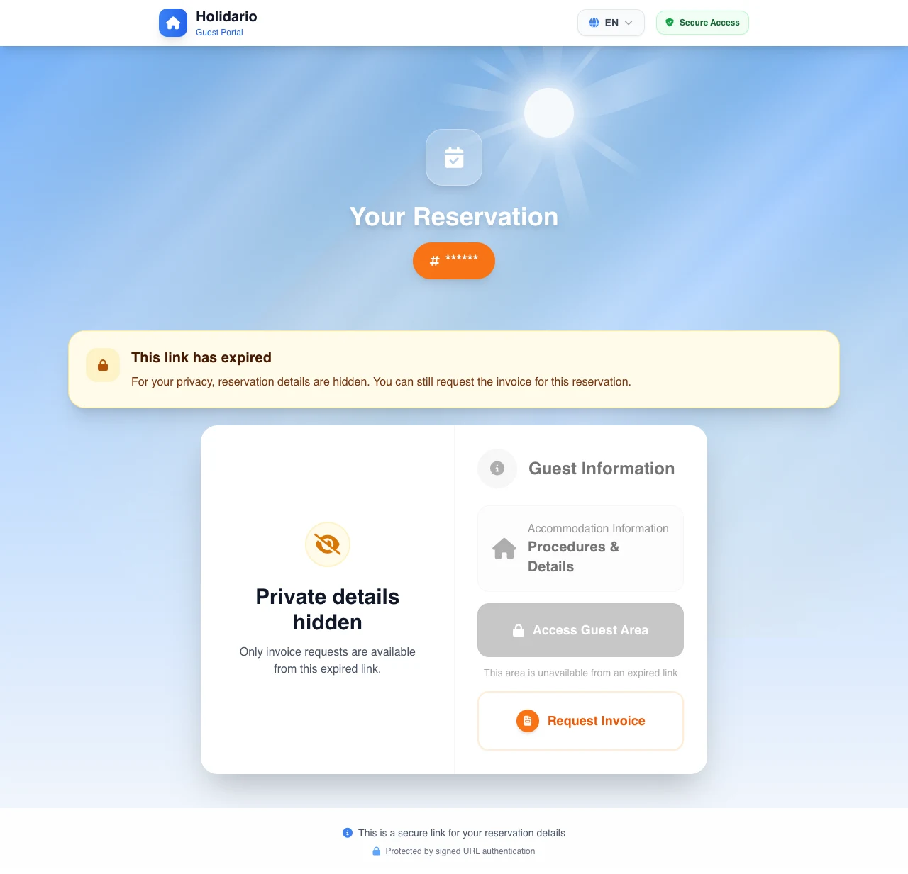 Real public reservation state for an expired link, with a masked reference, expiry notice, and hidden private details.