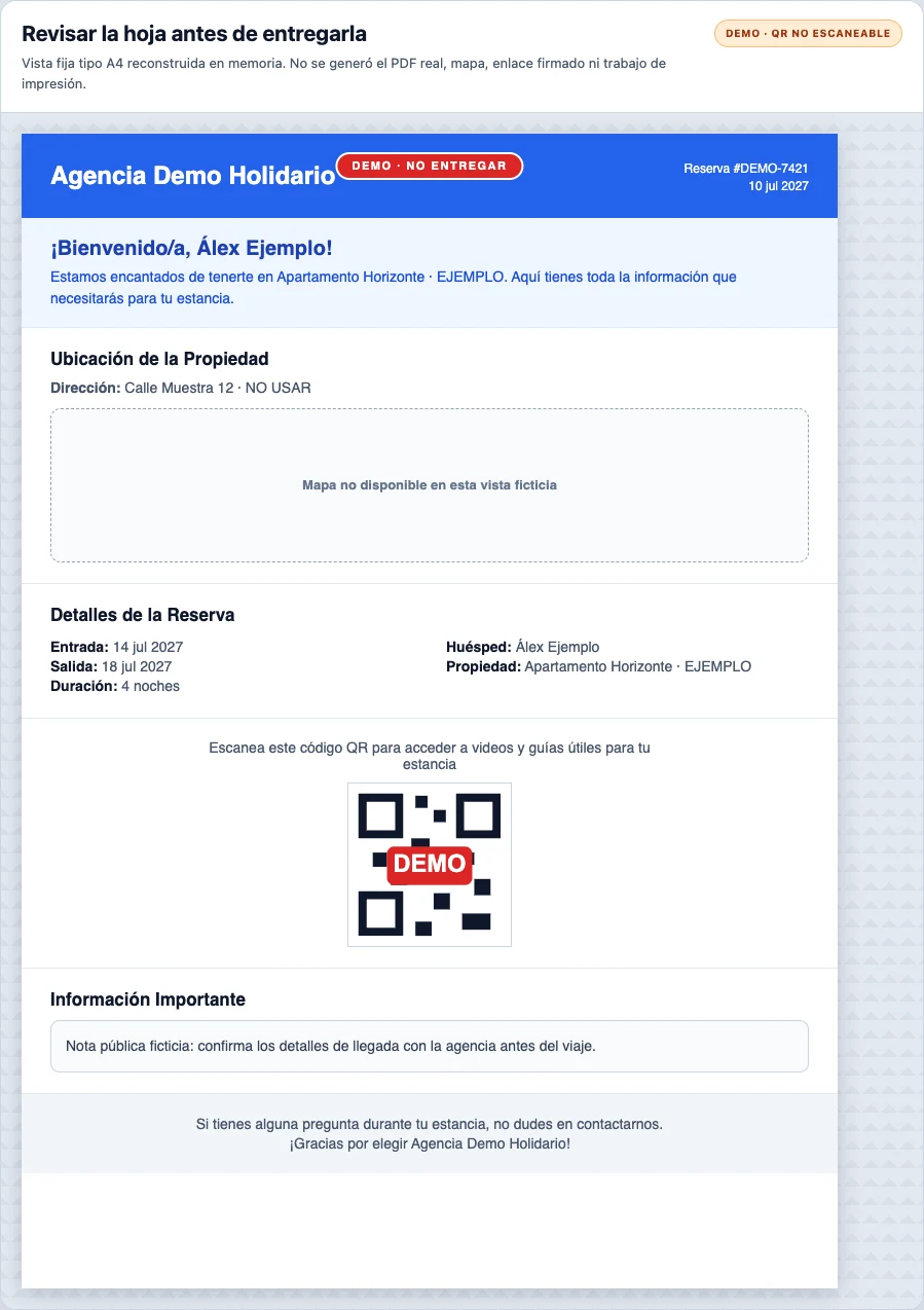 Reconstrucción fija tipo A4 en español de una hoja ficticia, marcada NO ENTREGAR, con datos de ejemplo, mapa no disponible y QR DEMO no escaneable; no es un PDF real.