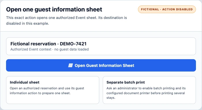 Desktop capture of the real English Open Guest Information Sheet action with its destination disabled, alongside the boundary between an authorized individual sheet and PrintNode batch printing.