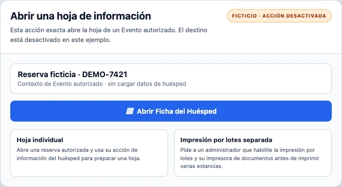 Captura de escritorio en español de la acción real Abrir Ficha del Huésped con el destino desactivado, junto al límite entre la hoja individual autorizada y la impresión por lotes con PrintNode.