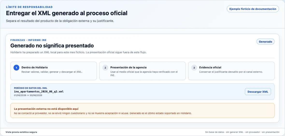 Límite sintético tras generar el XML: tres pasos separan Holidario, presentación externa y justificante oficial, con fichero ficticio completo y descarga inerte.