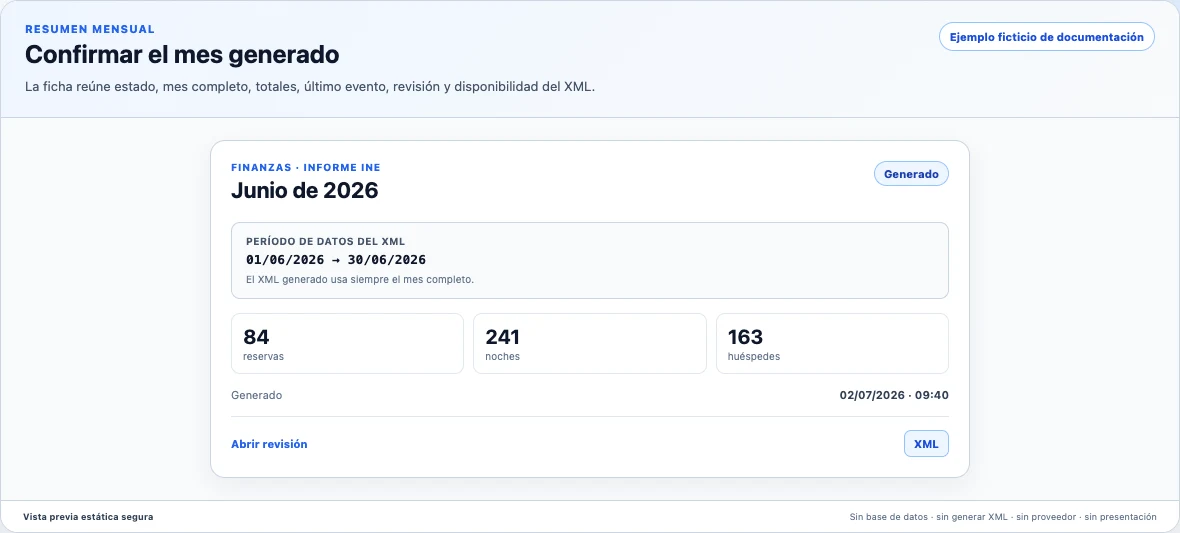 Tarjeta sintética del informe INE de junio de 2026 en estado Generado, con período XML de mes completo, totales ficticios y acciones de revisión/XML inertes.