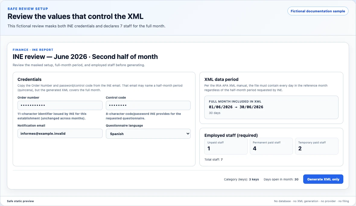 Synthetic INE review with masked credentials, full-month XML period, seven employed staff, and an inert Generate XML only button.