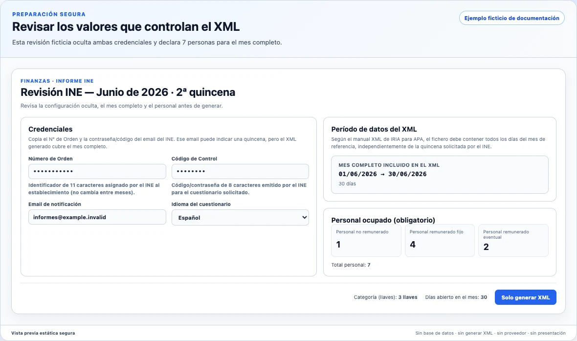 Revisión sintética del informe INE con credenciales enmascaradas, período XML del mes completo, siete personas ocupadas y botón Generar solo XML inerte.