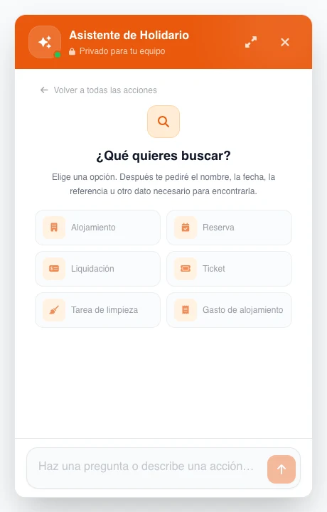 Panel flotante real del asistente de Holidario con seis búsquedas autorizadas: alojamiento, reserva, liquidación, ticket, tarea de limpieza y gasto de alojamiento; el compositor está deshabilitado en la captura ficticia.