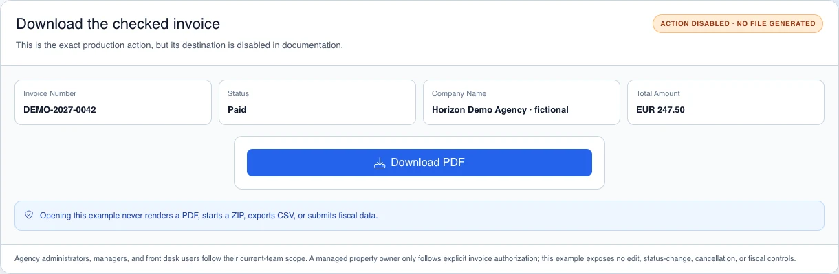 Synthetic inert Download PDF action for fictional invoice DEMO-2027-0042, with a notice that it generates no files and submits no fiscal data.