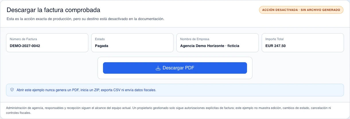 Acción sintética e inerte de Descargar PDF para la factura ficticia DEMO-2027-0042, con aviso de que no genera archivos ni envía datos fiscales.