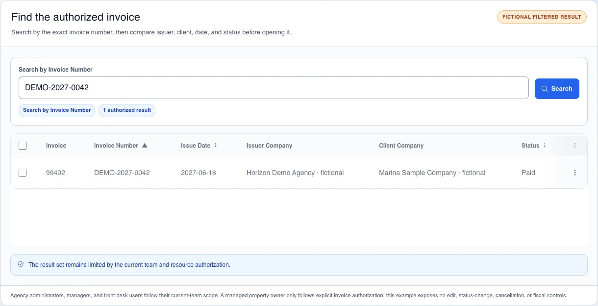 Synthetic invoice list filtered by DEMO-2027-0042, with one fictional authorized result and a notice about team and resource scope.