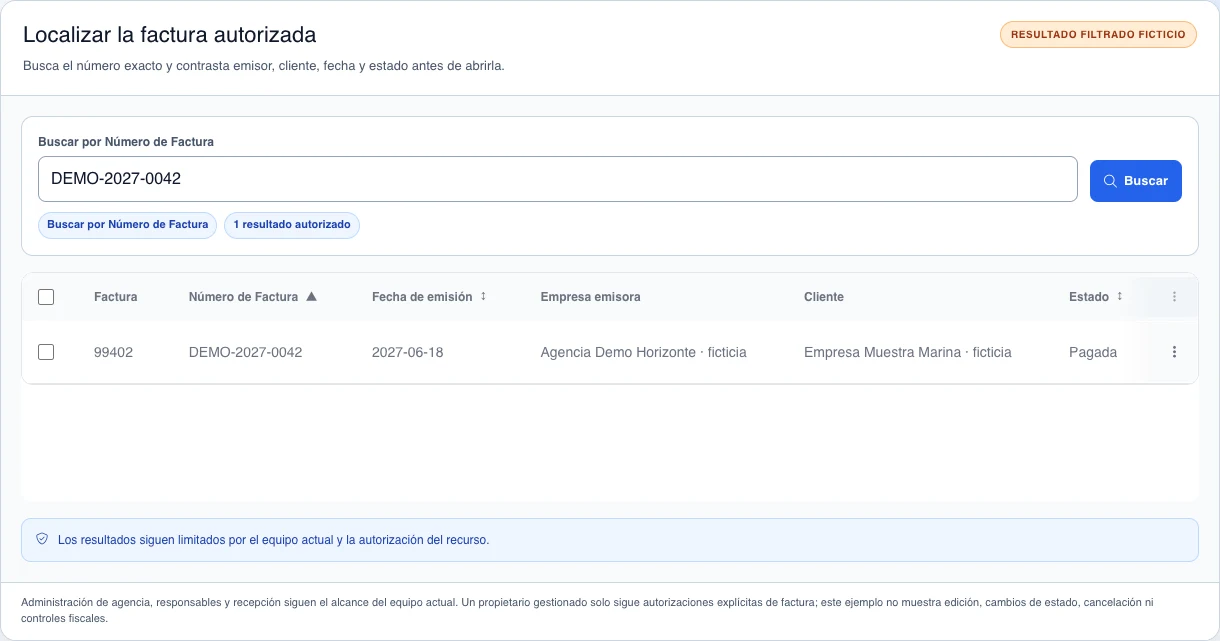 Vista sintética de la lista de facturas filtrada por el número DEMO-2027-0042, con un único resultado ficticio autorizado y aviso del alcance por equipo y recurso.