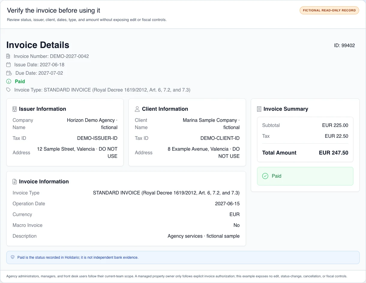 Synthetic read-only detail for fictional invoice DEMO-2027-0042, showing issuer, client, dates, type, amounts, and Paid status without edit or fiscal controls.