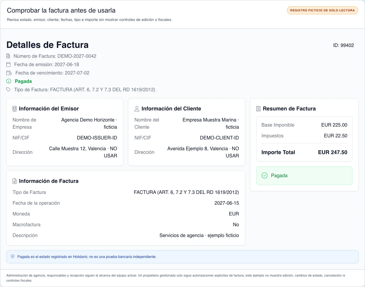 Detalle sintético de solo lectura de la factura ficticia DEMO-2027-0042, con emisor, cliente, fechas, tipo, importes y estado Pagada, sin controles de edición ni fiscales.